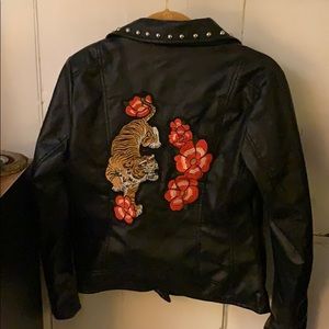 Studded Faux Leather Jacket w/ Embroidered Back